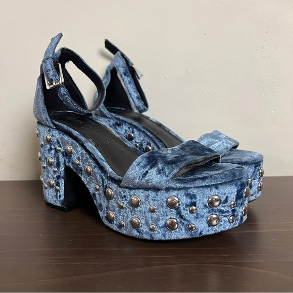 Y2K Blue Velvet & Round Stud Block Heel Platform Sandals - Picture 1 of 6